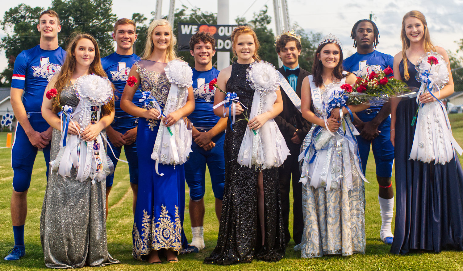 Quitman’s homecoming court includes, from left, Riley Flanagan, Jaci Coley, Ben Burroughs, Julia Simpkins, River Chaney, Shelby Hayes, Nicholas Barnett (king), Whitnee Weiher (queen), Trey Berry and Jentri Jackson.